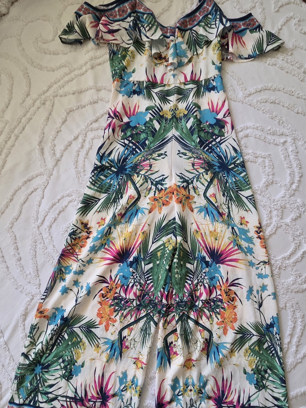 Flying Tomato Tropical Floral Cold Shoulder Wide Leg Jumpsuit Small